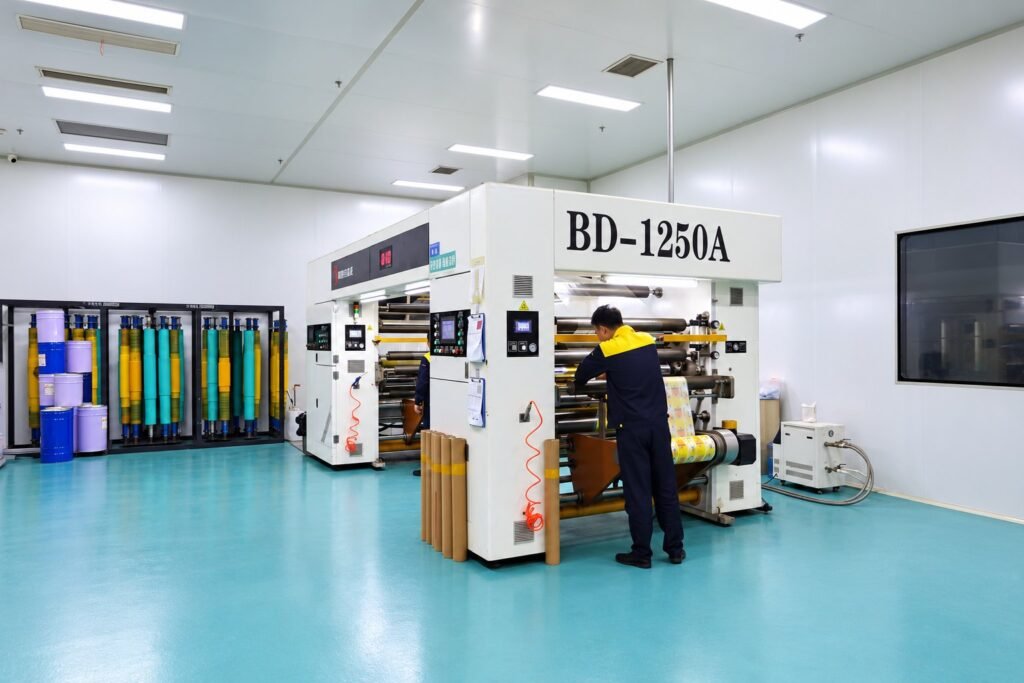 Printing machine and operator in our packaging workshop, photo retouched for presentation